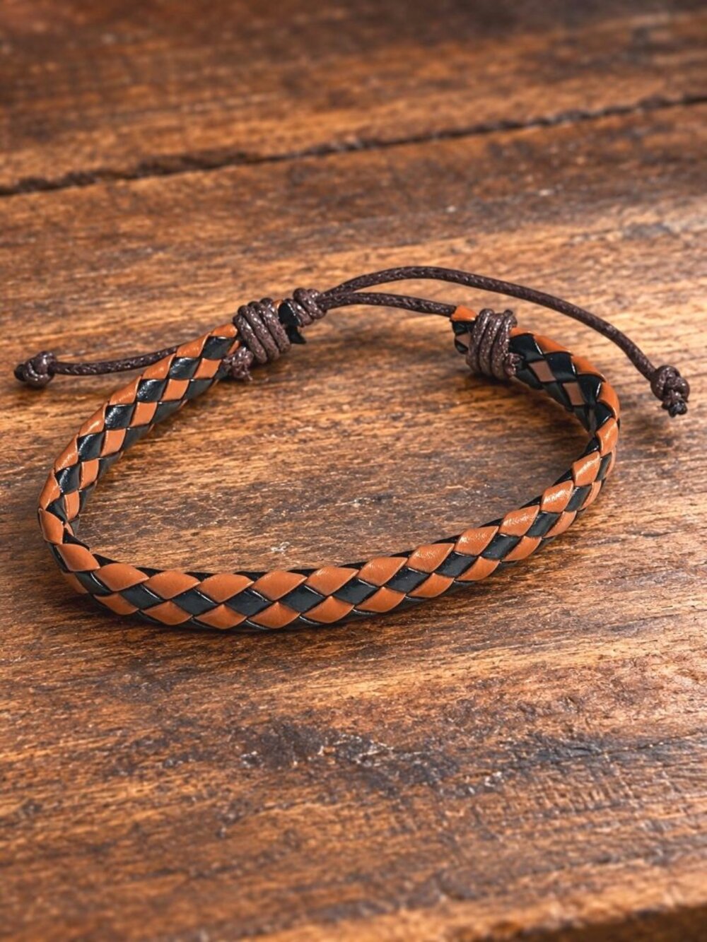 Braided Adjustable Brown Black Leather Bracelet Durable Handmade Artisan Gift